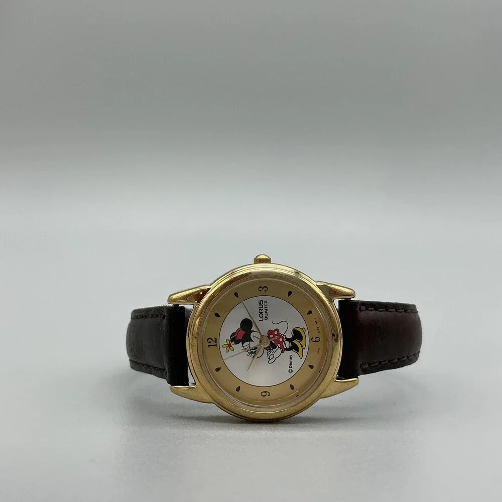 Vtg Lorus Womens Watch 26mm Minnie Mouse Gold Tone V501-6N70 Leather Band
